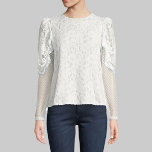 See By Chloe White Multi Lace Puffer Sleeve Blouse, Size XS